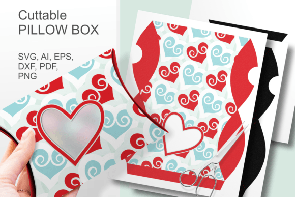 SVG design of a pillow box with a heart window for Cricut cutting machines