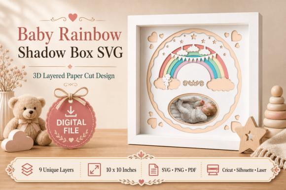 3D layered baby rainbow shadow box SVG for Cricut projects