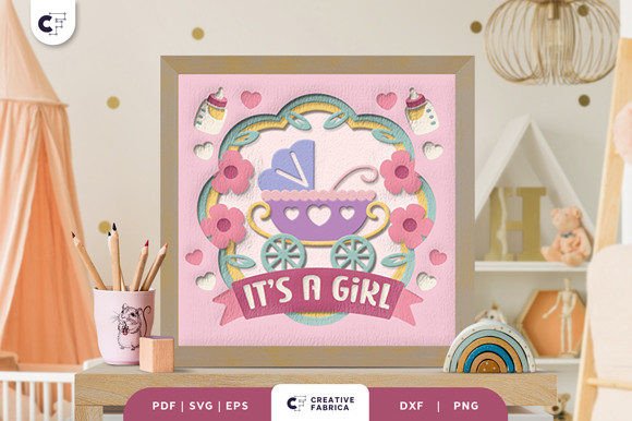 3D baby girl stroller shadow box SVG, perfect for Cricut crafts