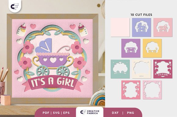 Cricut-friendly baby shadow box SVG featuring a stroller design