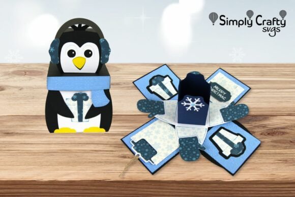Penguin-themed exploding gift box SVG for Cricut projects