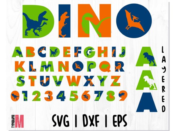 Colorful dinosaur-themed alphabet and numbers SVG for Cricut with layered design.