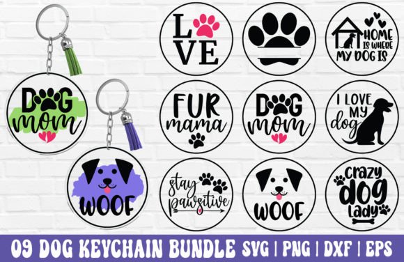 Nine circular dog-themed keychain designs with phrases like 'Dog Mom' and 'Woof', featuring paw prints and dog icons.