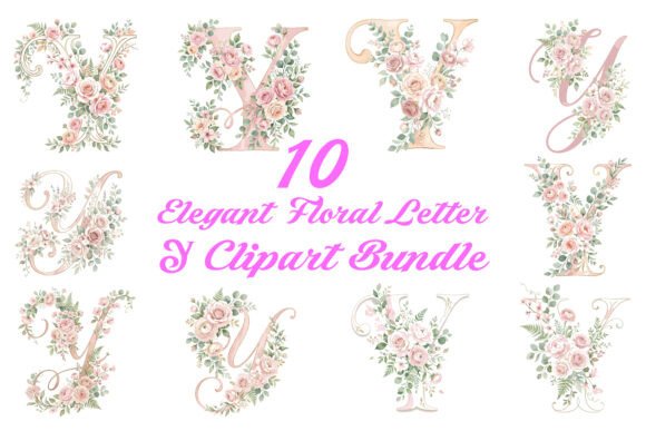 Collection of floral letter Y designs with pink roses and green leaves.