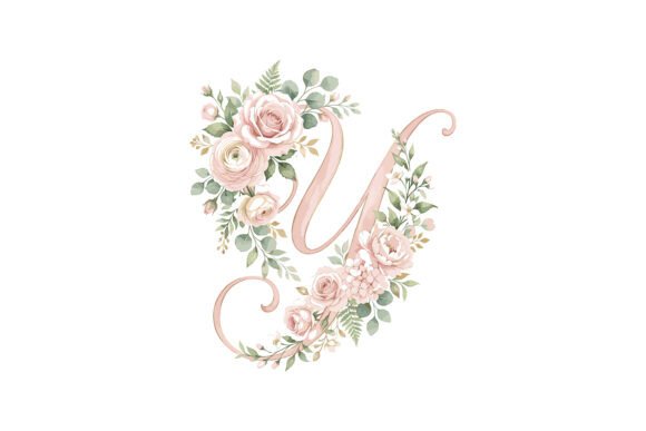 Single floral letter Y adorned with pink roses and green foliage.