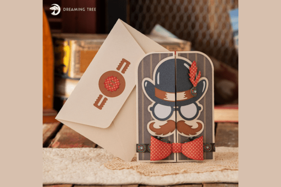 Cricut-friendly SVG of a closed fun fold card with a mustache and hat design, featuring a matching envelope.