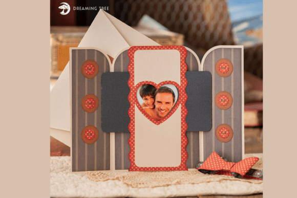 Open fun fold card SVG displaying a heart-shaped photo cutout and decorative buttons, ideal for Cricut projects.