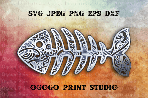 Intricate fish bone design with layered mandala patterns on a colorful background.