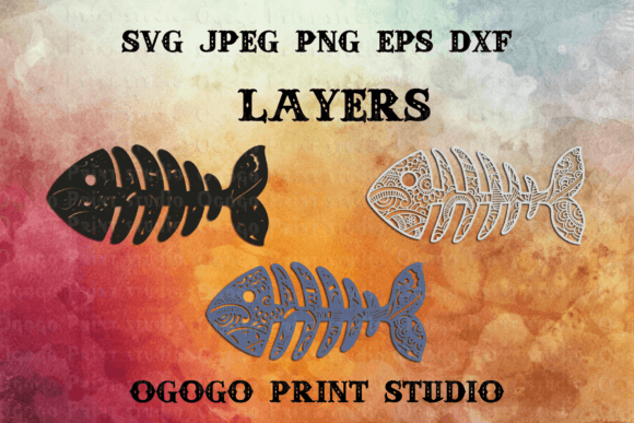 Four fish bone designs, each with different mandala patterns, on a gradient background.
