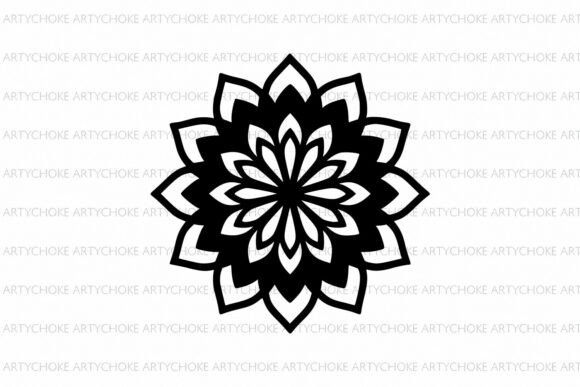 Black and white floral mandala with layered petals in a radial pattern.