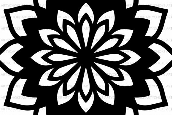 Close-up of a black and white floral mandala, highlighting layered petal details.