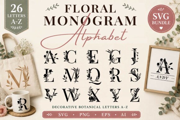 Floral monogram alphabet with botanical designs on letters A to Z.