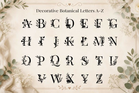 Decorative botanical letters A to Z with floral embellishments.