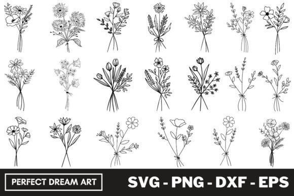 A collection of 20 black and white floral bouquet outlines in various styles.