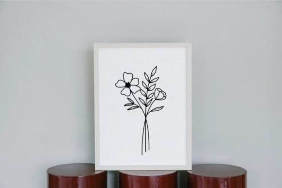 Framed print of a simple floral outline with two flowers and leaves on a white background.