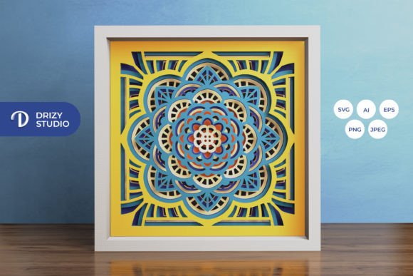 3D layered flower mandala in blue and yellow tones, perfect for Cricut projects.