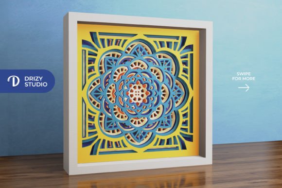 Side view of a 3D layered flower mandala in blue and yellow, showcasing depth for Cricut use.