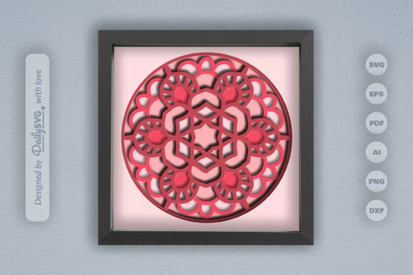 Framed circular mandala with layered red paper cut design on light background.