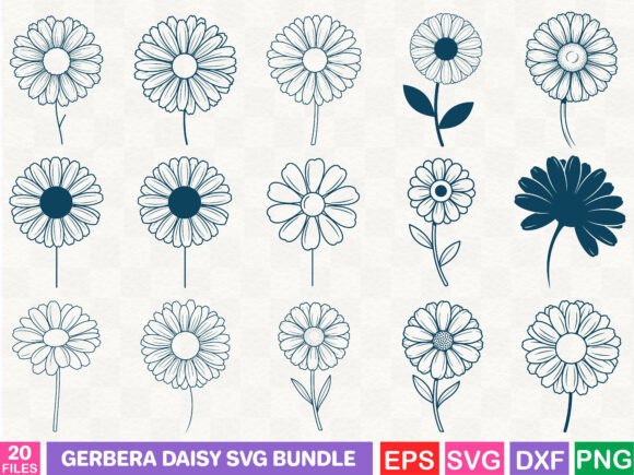 Fifteen line-drawn gerbera daisy designs with varied petal styles and one filled silhouette.