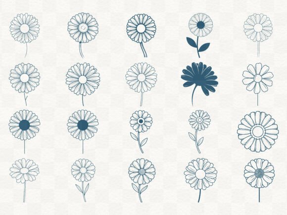Eighteen line-drawn gerbera daisy designs, including a filled silhouette and different petal arrangements.