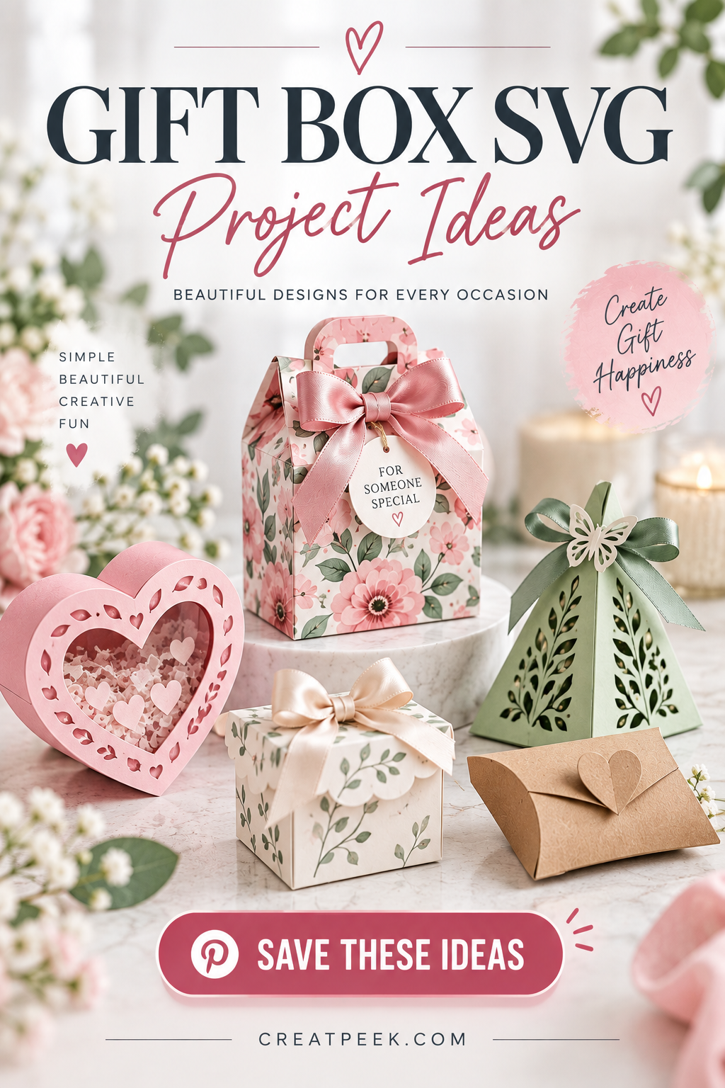 Gift box SVG templates for Cricut with floral patterns and ribbons