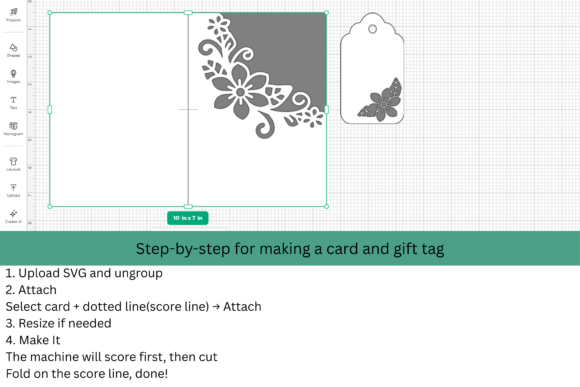 A digital design template for a card and gift tag with floral cutout patterns on a grid background.