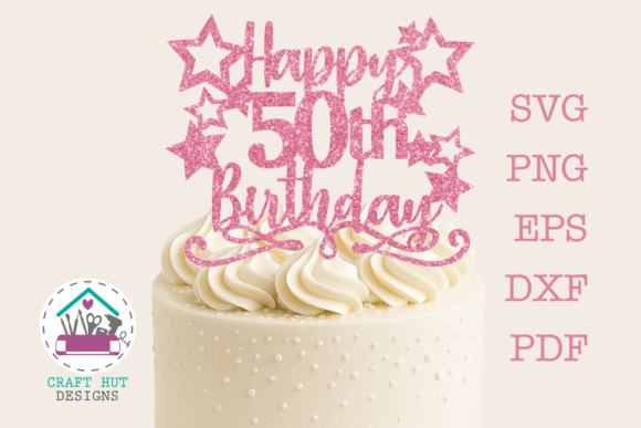 Pink glittery 'Happy 50th Birthday' cake topper with stars on a white frosted cake.