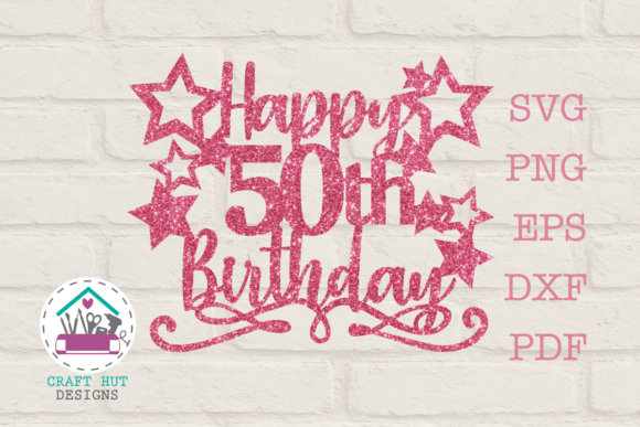 Pink glittery 'Happy 50th Birthday' design with stars on a white brick background.