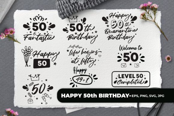 Collection of various '50th Birthday' SVG designs on textured paper with floral accents.