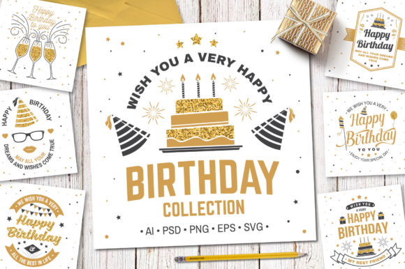 Golden birthday-themed SVG designs with cakes, balloons, and party hats for Cricut projects.
