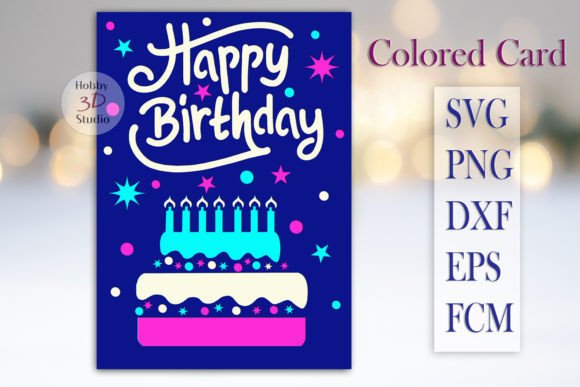 Colorful birthday card with 'Happy Birthday' text, cake, and stars on a dark blue background.