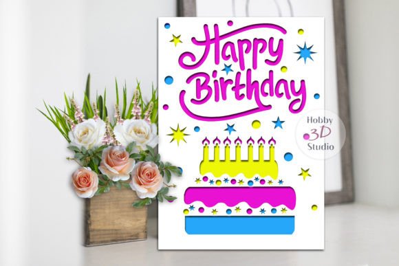 Bright birthday card featuring 'Happy Birthday' text, cake, and stars on a white background next to flowers.