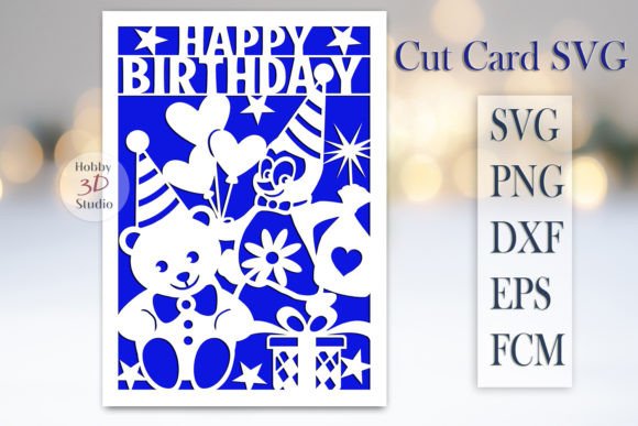 Cricut-friendly SVG design with a teddy bear, balloons, and gifts for a birthday card.