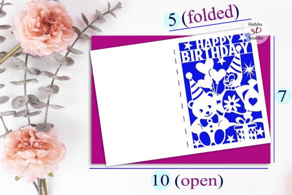 Open birthday card showing SVG cut design with party elements like balloons and gifts.