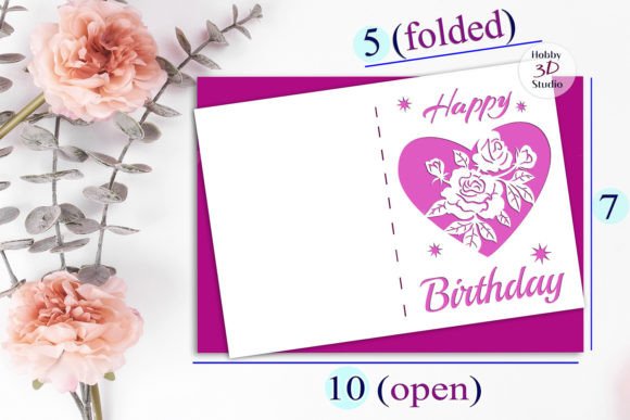 Folded birthday card SVG with heart-shaped roses and 'Happy Birthday' text, shown with flowers.