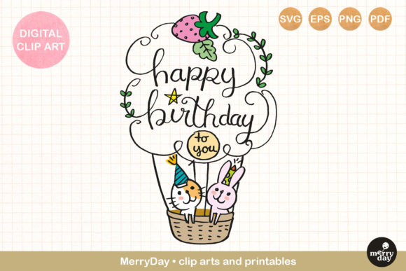 Colorful SVG of a cat and bunny in a hot air balloon with 'happy birthday' text, suitable for Cricut projects.