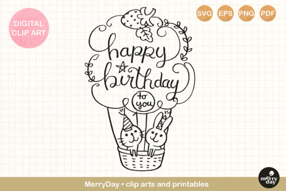Black and white SVG of a cat and bunny in a hot air balloon with 'happy birthday' text, ideal for Cricut projects.
