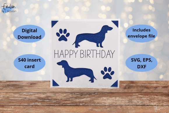 Square card with blue dachshunds and paw prints, 'Happy Birthday' text in the center.