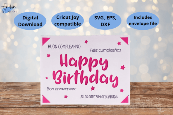 White card with 'Happy Birthday' in pink, surrounded by multilingual birthday greetings and pink stars.