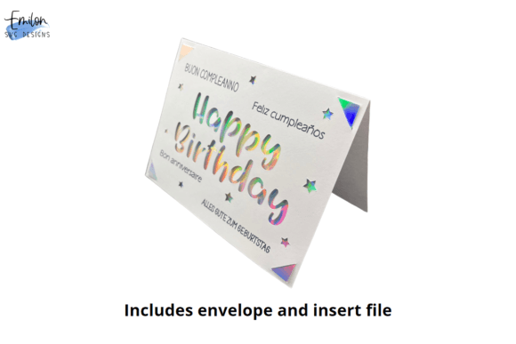 Folded card with 'Happy Birthday' in holographic letters, surrounded by stars and multilingual birthday phrases.