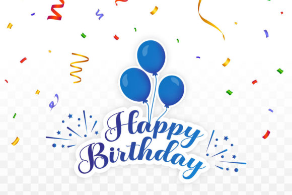 Blue balloons with 'Happy Birthday' text and colorful confetti.
