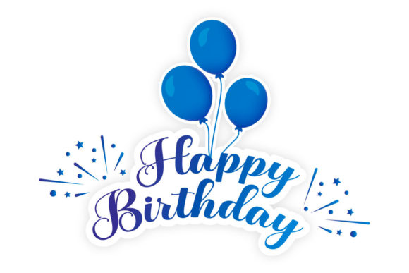 Blue balloons with 'Happy Birthday' text, no confetti.