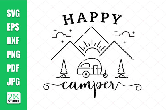 Happy Camper design with mountains, sun, and camper for Cricut projects