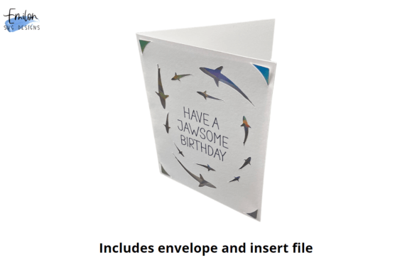 Angled view of white card with shark silhouettes and 'Have a Jawsome Birthday' text on the front.