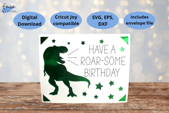 Birthday card with green T-Rex silhouette and 'Have a Roar-some Birthday' text, surrounded by stars.