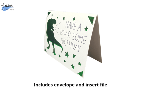 Side view of a folded birthday card featuring a green T-Rex and 'Have a Roar-some Birthday' text with stars.