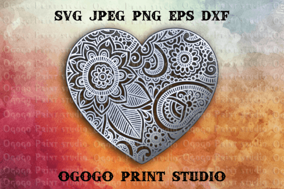 Intricate heart-shaped mandala with floral and geometric patterns.