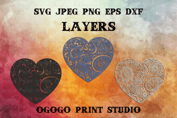 Three heart-shaped mandalas with layered floral and geometric designs.