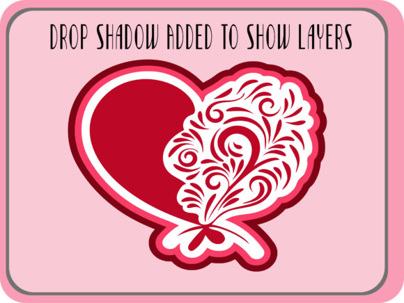 Layered heart design with intricate floral patterns in red and pink.