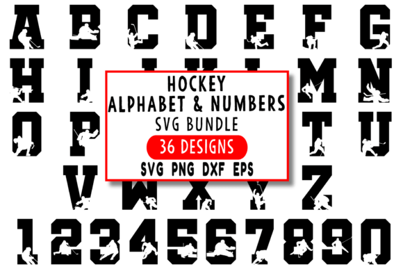 Bold black letters and numbers with hockey player silhouettes inside each character.